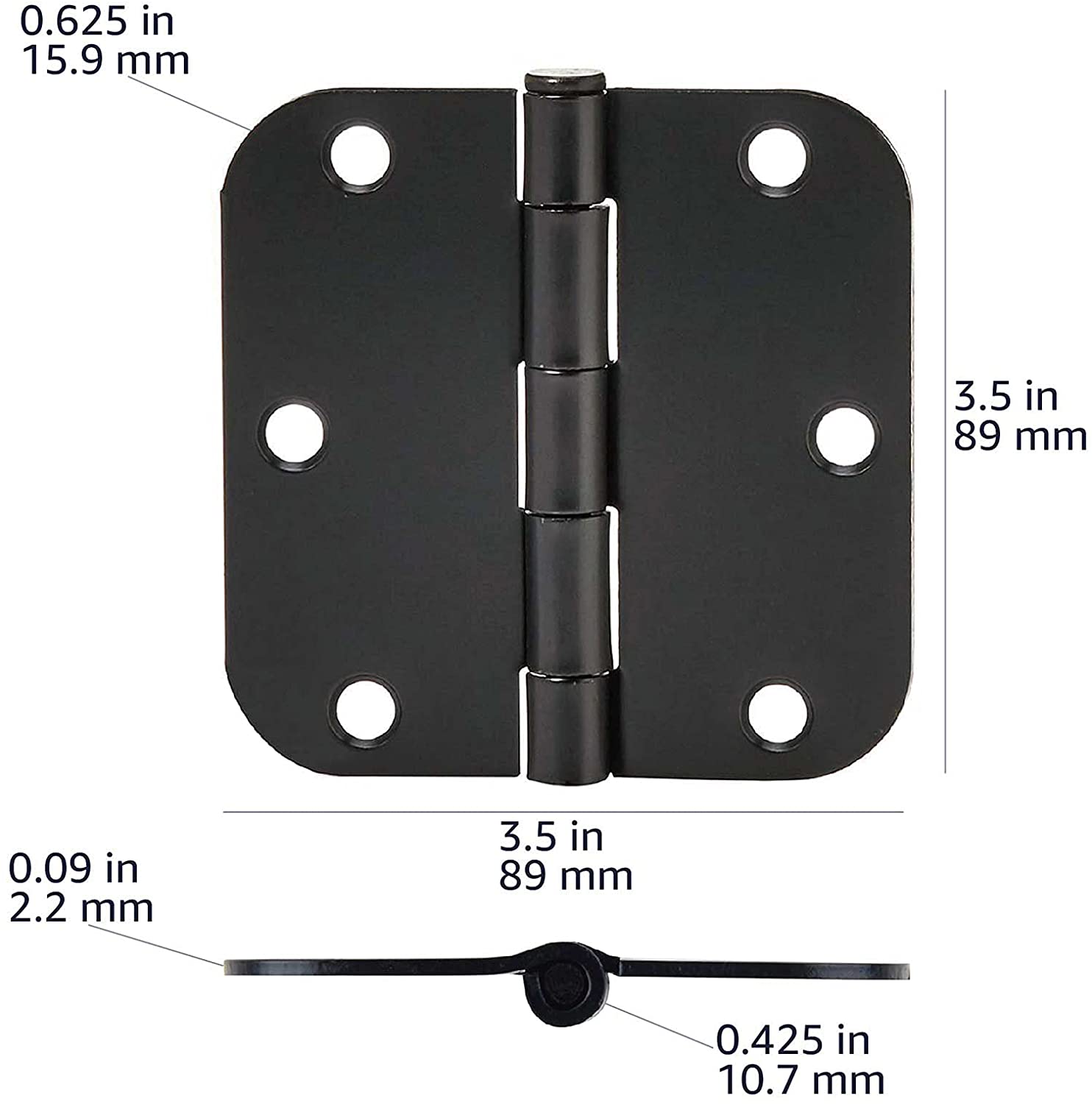 Rounded 3.5 Inch x 3.5 Inch Door Hinges, 18 Pack, Matte Black
